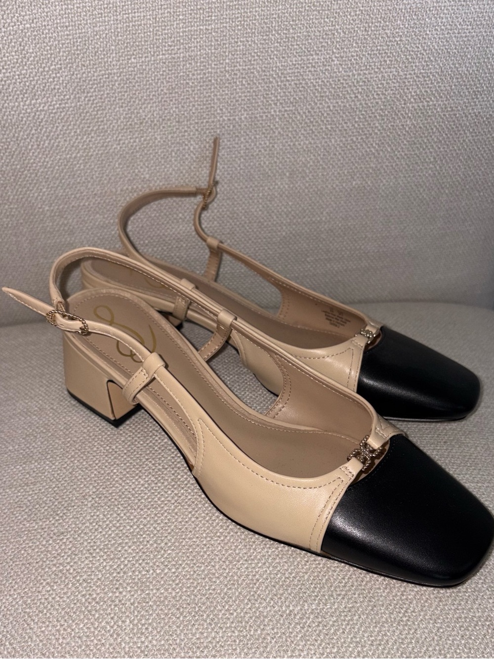 Sam Edelman Beige and Black Two-Tone Slingback Block Heels